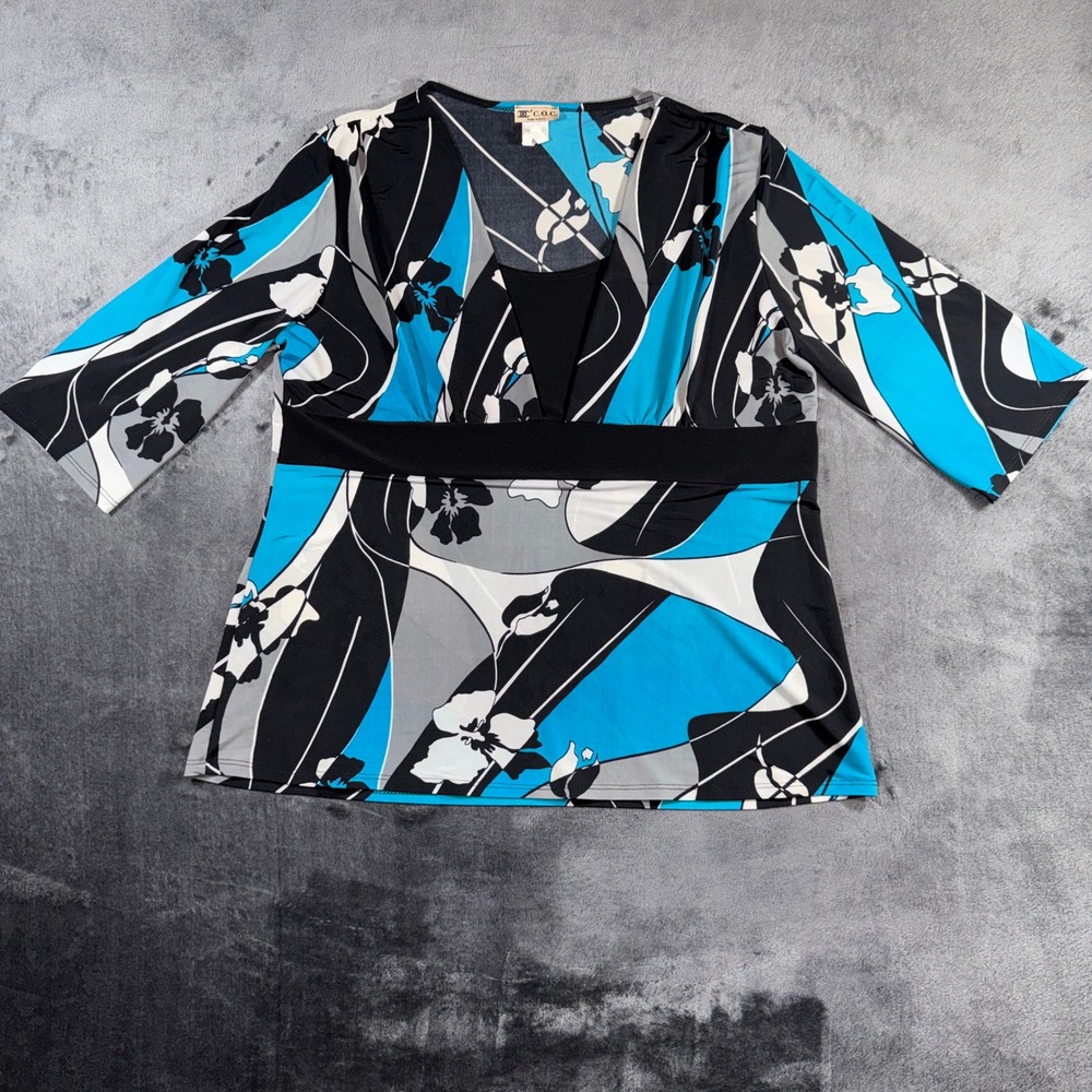 C.O.C. Floral Empire Waist Blouse Turquoise Black Abstract V-Neck Top XL US Made